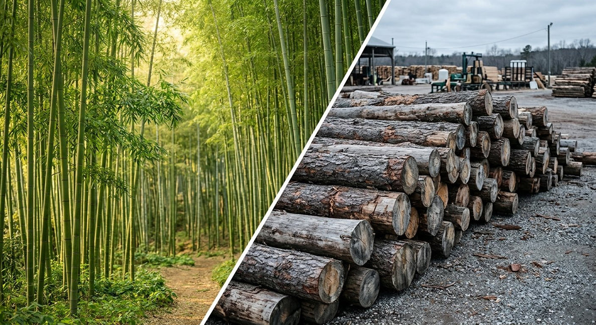Split image of a green bamboo forest next to stacked logs at a lumber yard, comparing bamboo and wood pulp