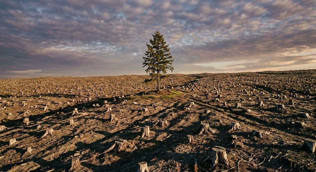 Single pine tree standing in a clear-cut forest of stumps, showing deforestation from traditional toilet paper