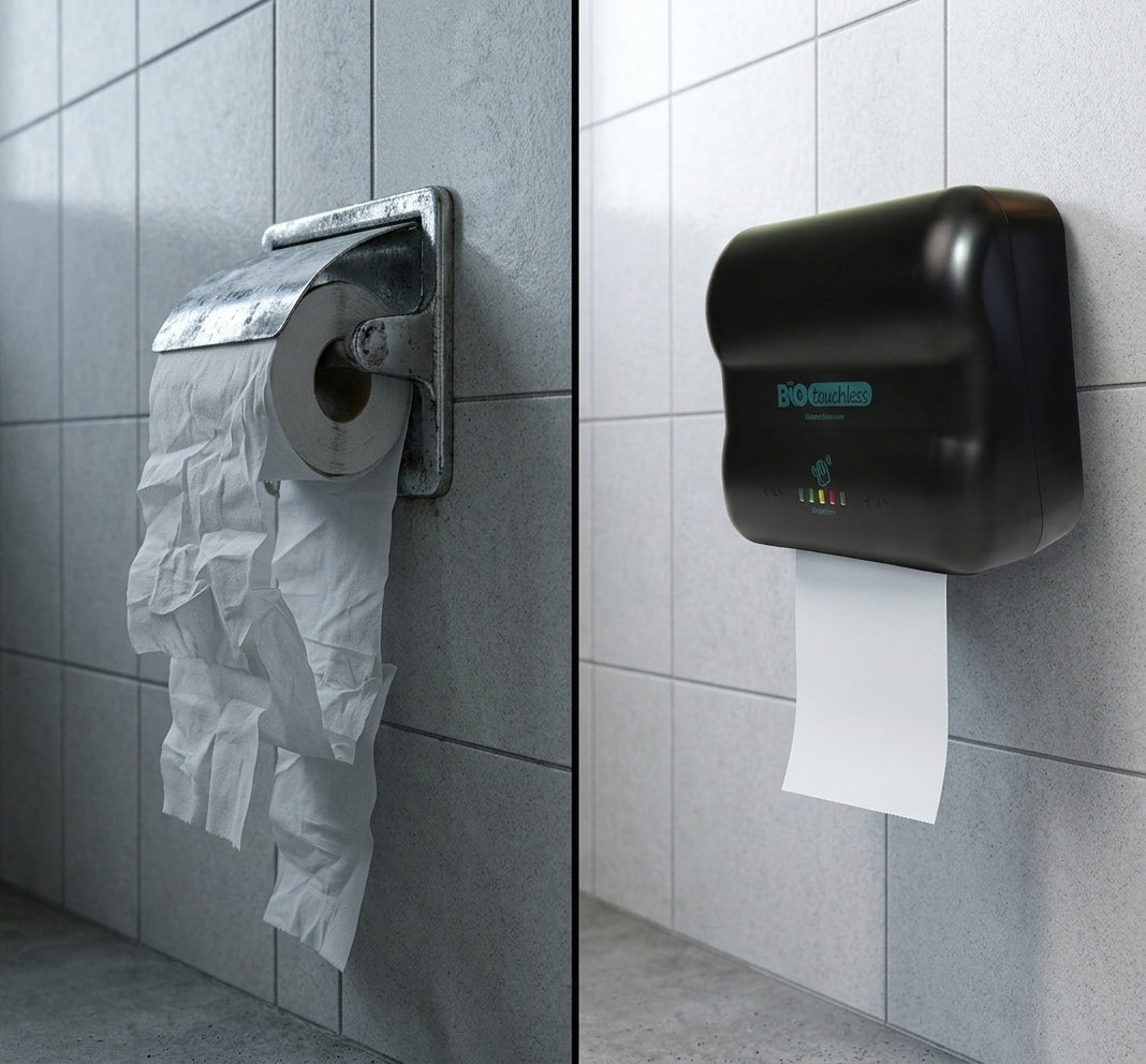 Side-by-side comparison of a grimy manual toilet paper holder with torn paper and a clean BIOtouchless TP-100 motion-sensor dispenser